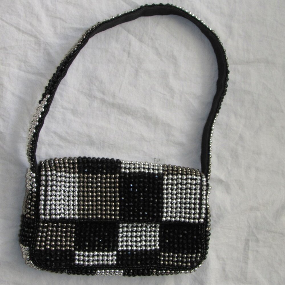 Anthropologie Fiona Beaded Bag Black Silver Gray Checkered Plaid Purse *Read